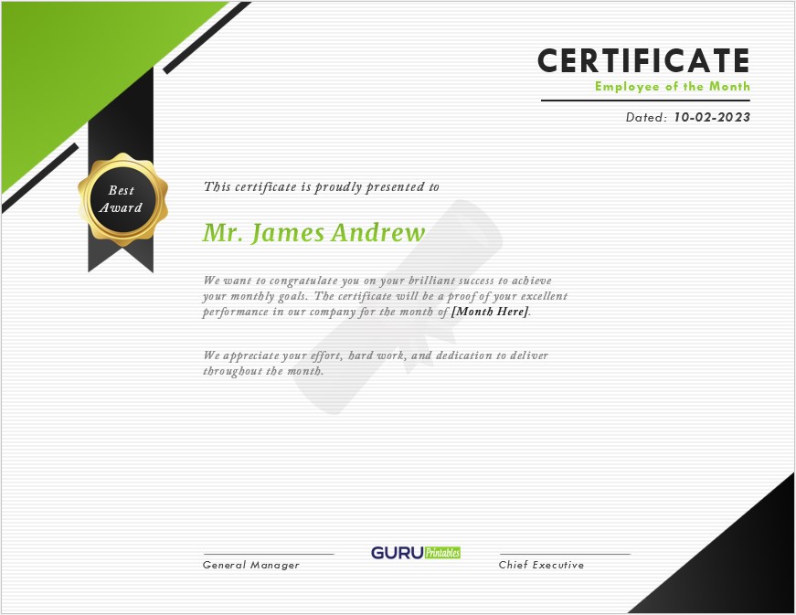 Certificate of Employee of the Month