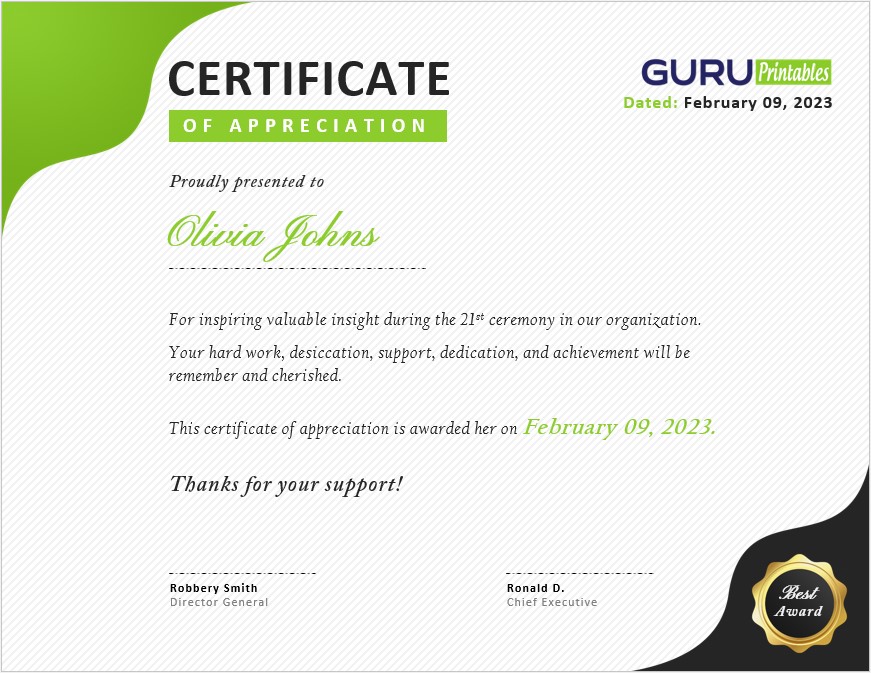Printable Appreciation Certificate
